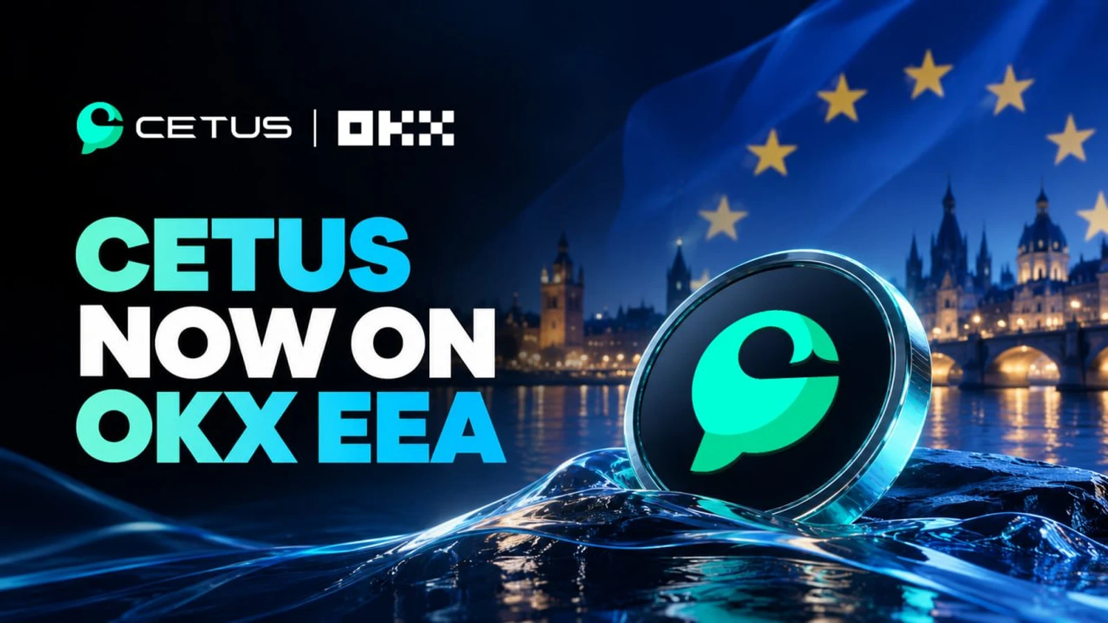 Ảnh đồ họa của Cetus và OKX với dòng chữ CETUS NOW ON OKX EEA, đồng CETUS trước đường chân trời một thành phố châu Âu và lá cờ EU