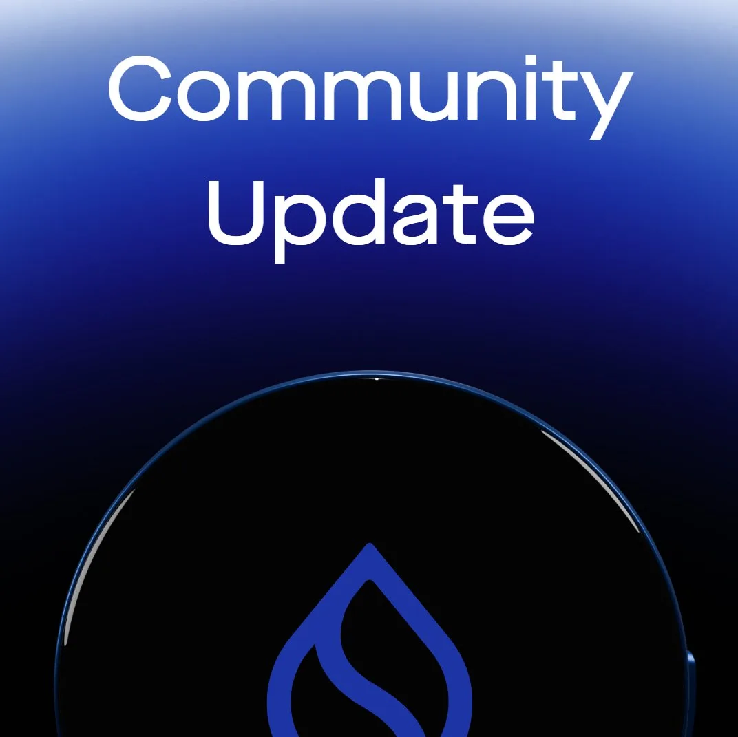 Community Update 문구와 Sui 로고가 새겨진 검은색 기기가 담긴 Suiball 이미지
